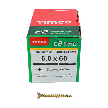 TIMCO C2 Strong-Fix Multi-Purpose Premium Countersunk Gold Woodscrews - 6.0 x 60 Box OF 200 - 60060C2