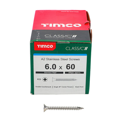 TIMCO Classic Multi-Purpose Countersunk A2 Stainless Steel Woodcrews - 6.0 x 60 Box OF 200 - 60060CLASS