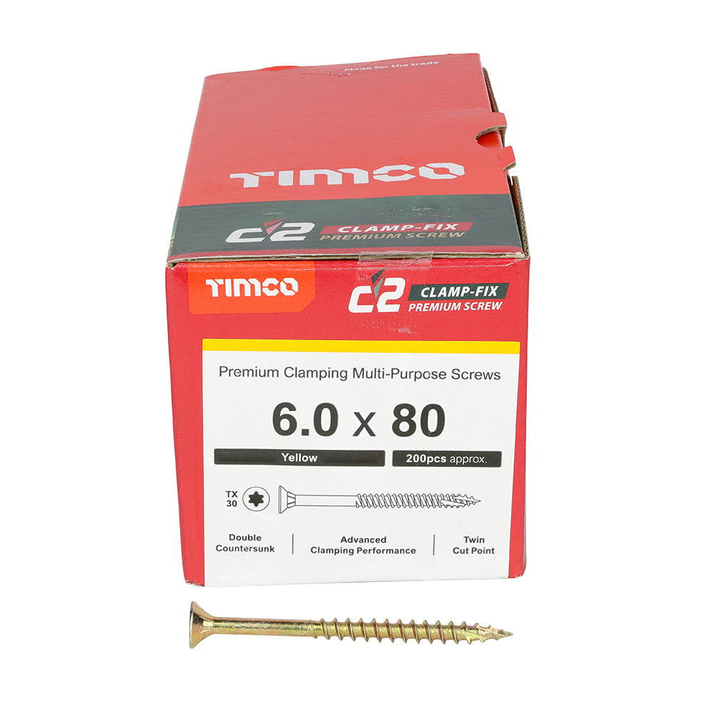 TIMCO C2 Clamp-Fix Multi-Purpose Premium Countersunk Gold Woodscrews - 6.0 x 80 Box OF 200 - 60080C2C