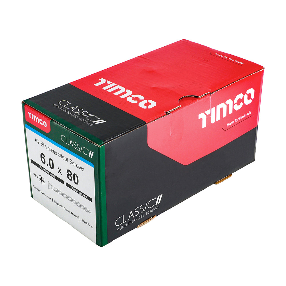 TIMCO Classic Multi-Purpose Countersunk A2 Stainless Steel Woodcrews - 6.0 x 80 Box OF 200 - 60080CLASS