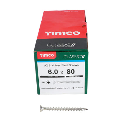 TIMCO Classic Multi-Purpose Countersunk A2 Stainless Steel Woodcrews - 6.0 x 80 Box OF 200 - 60080CLASS