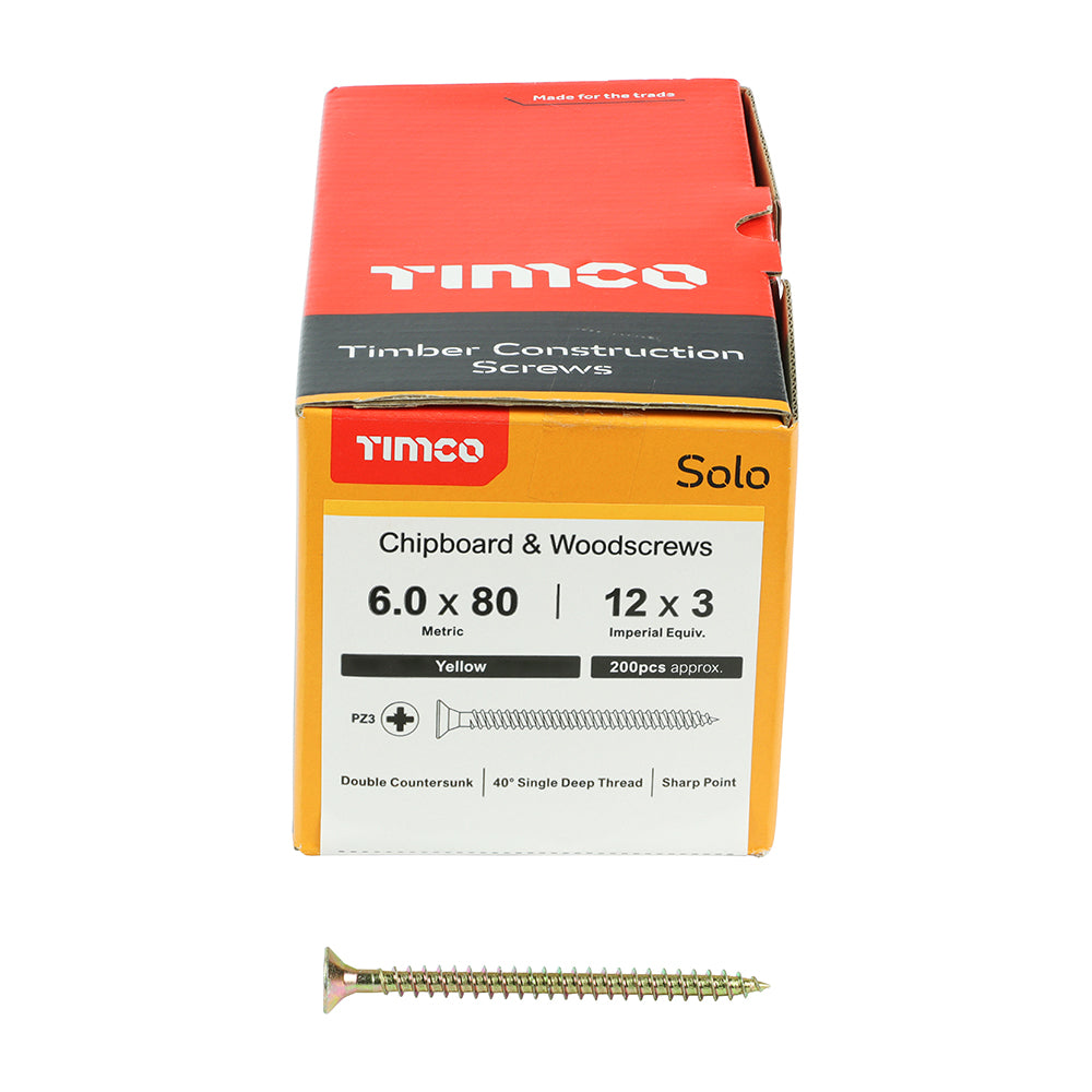 TIMCO Solo Countersunk Gold Woodscrews - 6.0 x 80 Box OF 200 - 60080SOLOC