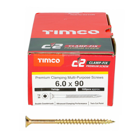 TIMCO C2 Clamp-Fix Multi-Purpose Premium Countersunk Gold Woodscrews - 6.0 x 90 Box OF 100 - 60090C2C