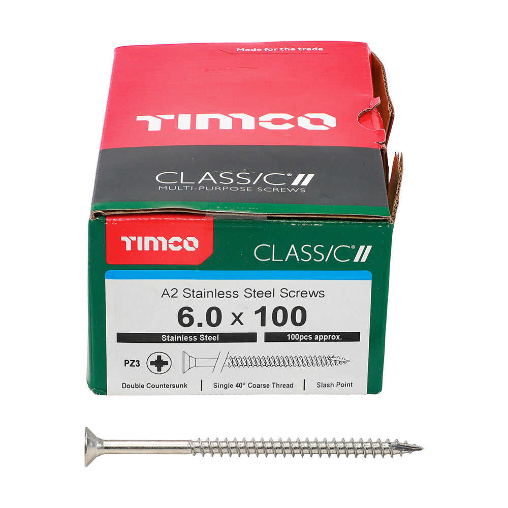 TIMCO Classic Multi-Purpose Countersunk A2 Stainless Steel Woodcrews - 6.0 x 100 Box OF 100 - 60100CLASS