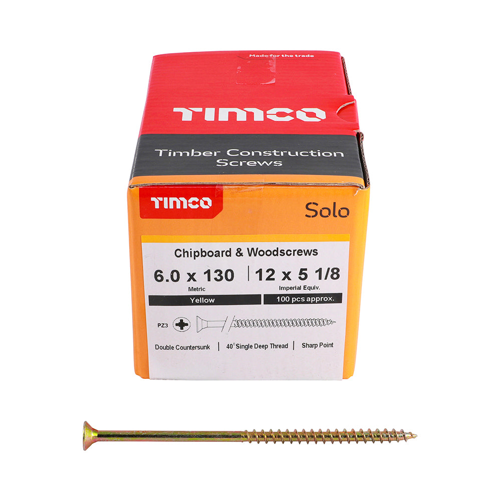 TIMCO Solo Countersunk Gold Woodscrews - 6.0 x 130 Box OF 100 - 60130SOLOC