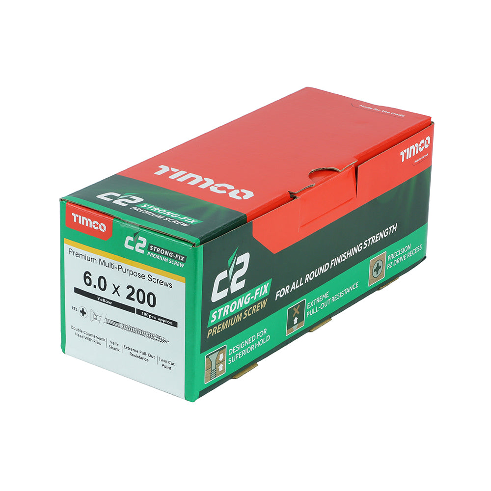 TIMCO C2 Strong-Fix Multi-Purpose Premium Countersunk Gold Woodscrews - 6.0 x 200 Box OF 100 - 60200C2