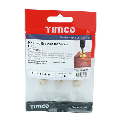 TIMCO Knurled Brass Inset Screw Cup - To fit 4.0, 4.2, 4.5 Screw TIMpac OF 8 - 725584