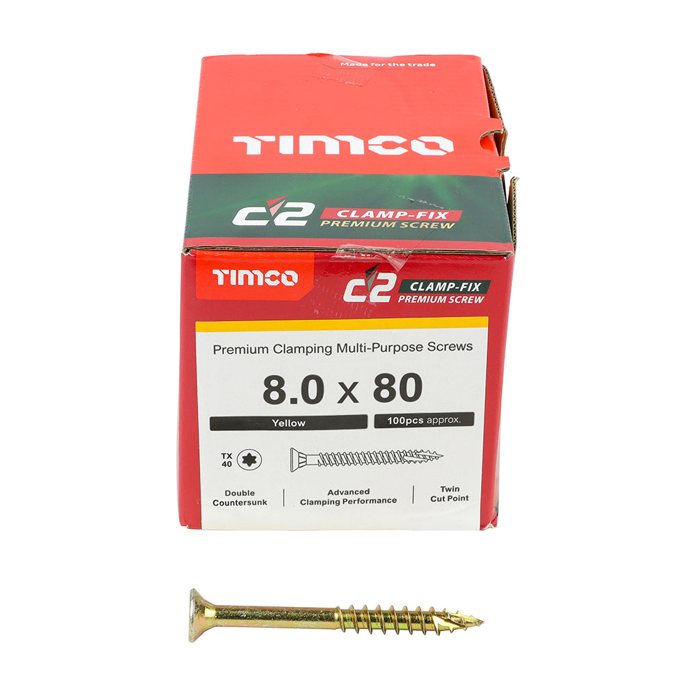TIMCO C2 Clamp-Fix Multi-Purpose Premium Countersunk Gold Woodscrews - 8.0 x 80 Box OF 100 - 80080C2C