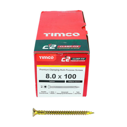 TIMCO C2 Clamp-Fix Multi-Purpose Premium Countersunk Gold Woodscrews - 8.0 x 100 Box OF 100 - 80100C2C