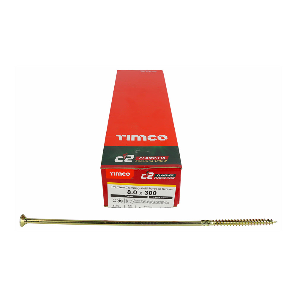 TIMCO C2 Clamp-Fix Multi-Purpose Premium Countersunk Gold Woodscrews - 8.0 x 300 Box OF 25 - 80300C2C