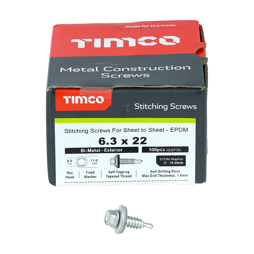TIMCO Sheet Steel Stitching Screws A2 Stainless Steel Bi-Metal with EPDM Washer - 6.3 x 22 Box OF 100 - BMS22W16