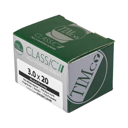 TIMCO Classic Multi-Purpose Reduced Head Countersunk Nickel Piano Hinge Woodscrews - 3.0 x 12 Box OF 200 - 30012CLAHN