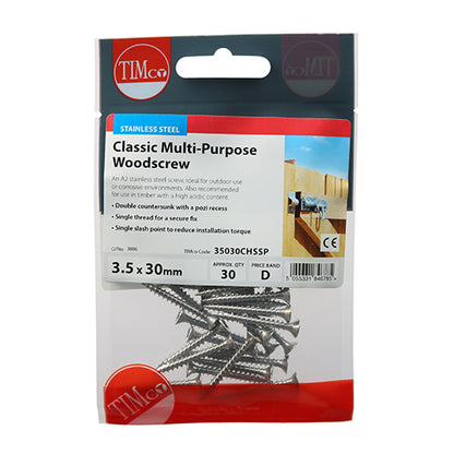 TIMCO Classic Multi-Purpose Countersunk A2 Stainless Steel Woodcrews - 3.5 x 30 TIMpac OF 30 - 35030CHSSP