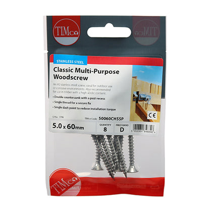 TIMCO Classic Multi-Purpose Countersunk A2 Stainless Steel Woodcrews - 5.0 x 60 TIMpac OF 8 - 50060CHSSP