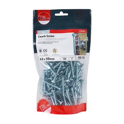 TIMCO Coach Screws Hex Head Silver  - 6.0 x 50 TIMbag OF 120 - 0650CSCB