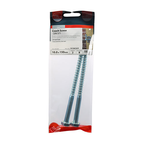 TIMCO Coach Screws Hex Head Silver  - 10.0 x 150 TIMpac OF 2 - 10150CSCP