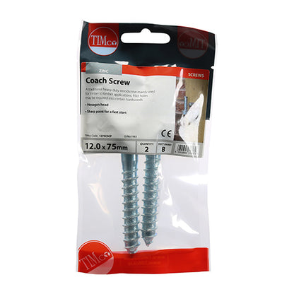 TIMCO Coach Screws Hex Head Silver  - 12.0 x 75 TIMpac OF 2 - 1275CSCP
