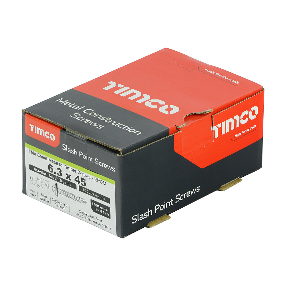 TIMCO Slash Point Sheet Metal to Timber Screws Exterior Silver with EPDM Washer - 6.3 x 100 Box OF 100 - DS100W16B