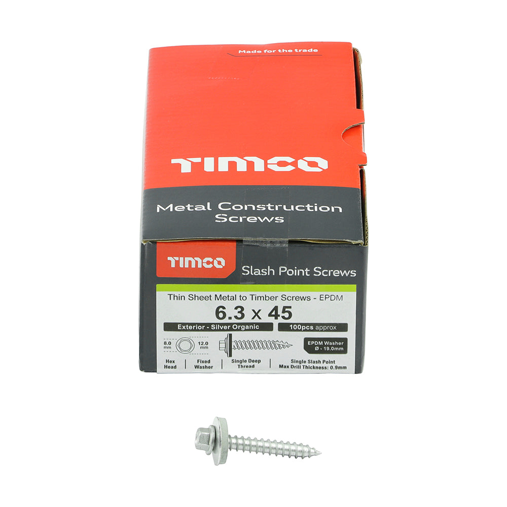 TIMCO Slash Point Sheet Metal to Timber Screws Exterior Silver with EPDM Washer - 6.3 x 45 Box OF 100 - DS45W19B