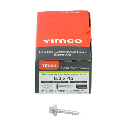 TIMCO Slash Point Sheet Metal to Timber Screws Exterior Silver with EPDM Washer - 6.3 x 45 Box OF 100 - DS45W19B