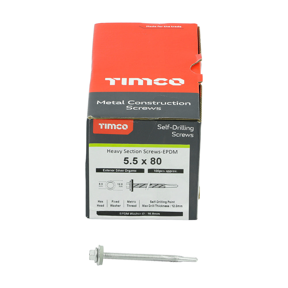 TIMCO Self-Drilling Heavy Section Screws Exterior Silver with EPDM Washer - 5.5 x 80 Box OF 100 - H80W16B