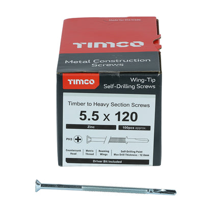 TIMCO Self-Drilling Wing-Tip Steel to Timber Heavy Section Silver Screws  - 5.5 x 120 Box OF 100 - HW120B