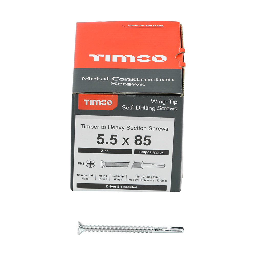 TIMCO Self-Drilling Wing-Tip Steel to Timber Heavy Section Silver Screws  - 5.5 x 85 Box OF 100 - HW85B