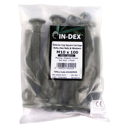 TIMCO Carriage Bolts DIN603 Hex Nuts & Form A Washers Green Exterior - M10 x 150 Bag OF 10 - 10150INCB