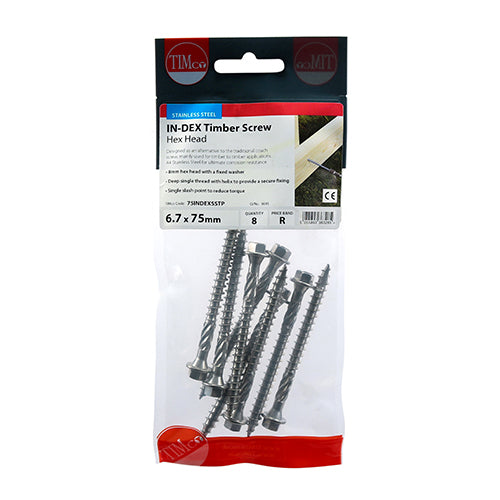TIMCO Timber Screws Hex Flange Head A4 Stainless Steel - 6.7 x 75 TIMpac OF 8 - 75INDEXSSTP