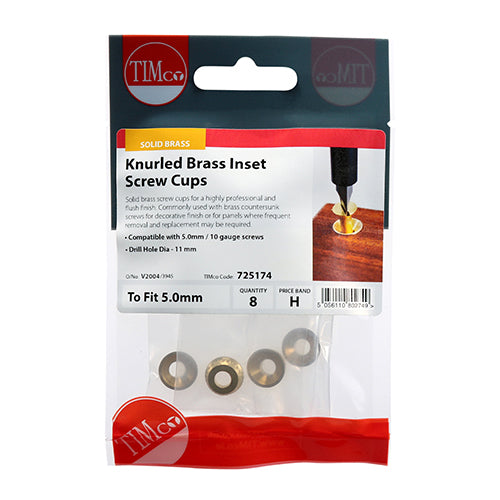 TIMCO Knurled Brass Inset Screw Cup - To fit 4.8, 5.0 Screw TIMpac OF 8 - 725174