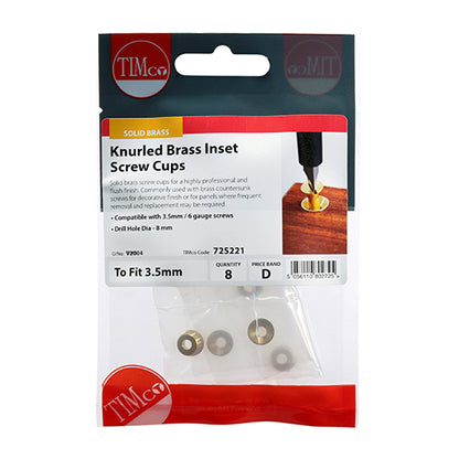 TIMCO Knurled Brass Inset Screw Cup - To fit 3.5 Screw TIMpac OF 8 - 725221