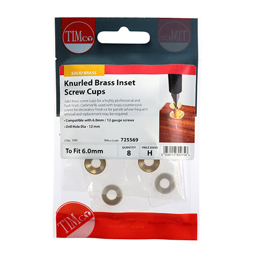 TIMCO Knurled Brass Inset Screw Cup - To fit 5.5, 6.0 Screw TIMpac OF 8 - 725569