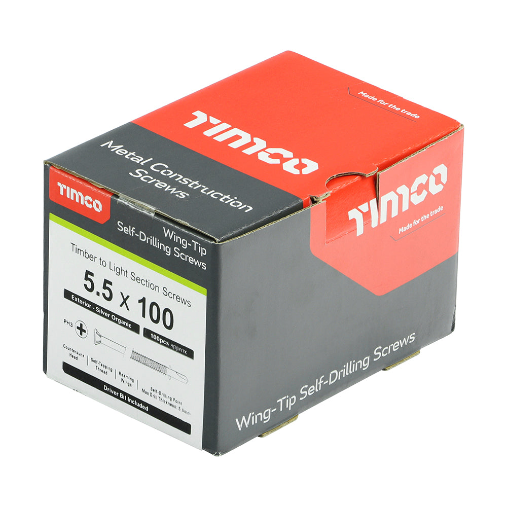 TIMCO Self-Drilling Wing-Tip Steel to Timber Light Section Exterior Silver Screws  - 5.5 x 100 Box OF 100 - LW100S