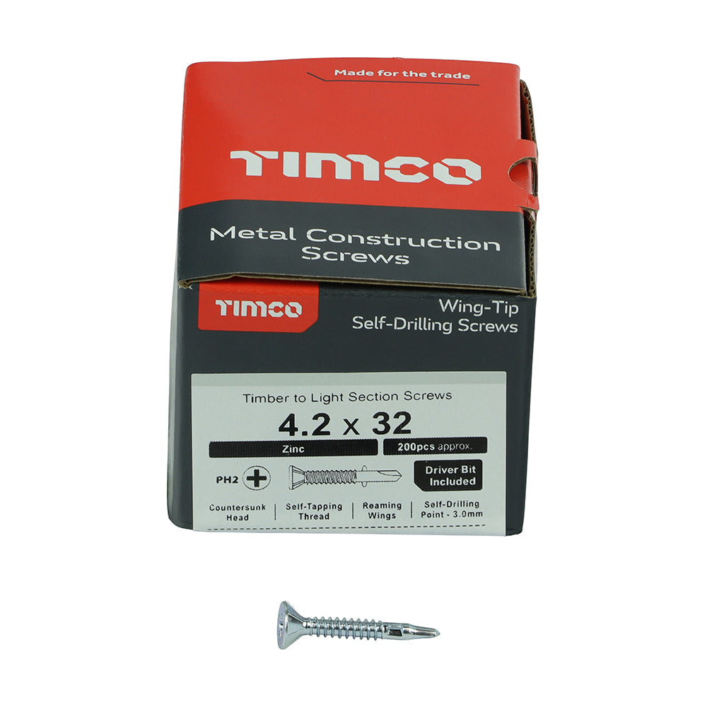 TIMCO Self-Drilling Wing-Tip Steel to Timber Light Section Silver Screws  - 4.2 x 32 Box OF 200 - LW32B
