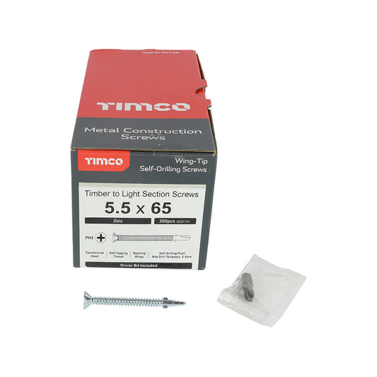 TIMCO Self-Drilling Wing-Tip Steel to Timber Light Section Silver Screws  - 5.5 x 65 Box OF 200 - LW65B