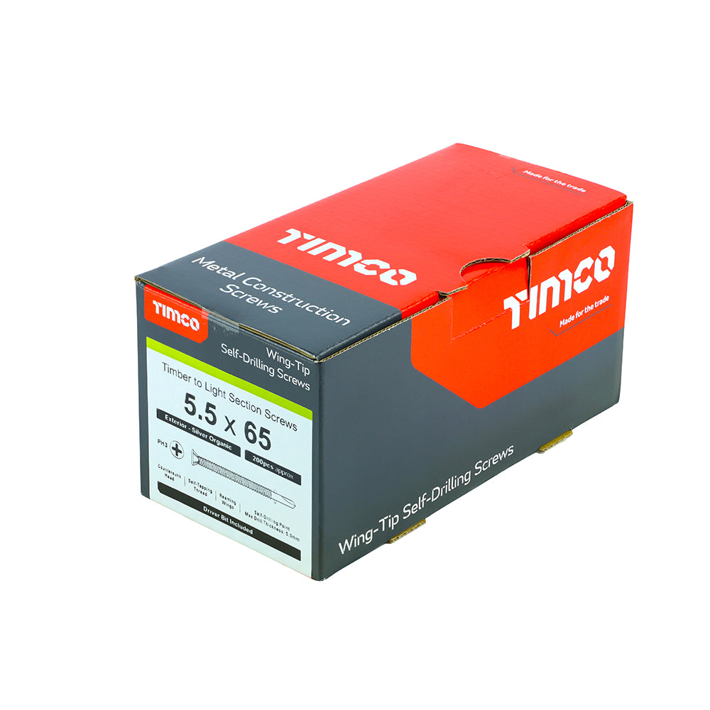 TIMCO Self-Drilling Wing-Tip Steel to Timber Light Section Exterior Silver Screws  - 5.5 x 100 Box OF 100 - LW100S