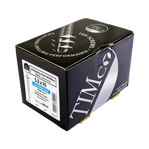 TIMCO Self-Drilling Light Section A2 Stainless Steel Bi-Metal Screws with EPDM Washer - 5.5 x 100 Box OF 100 - BML100W16