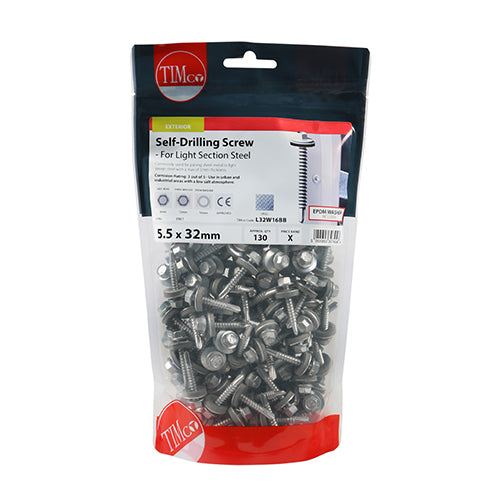 TIMCO Self-Drilling Light Section Screws Exterior Silver with EPDM Washer - 5.5 x 100 Box OF 100 - L100W16B