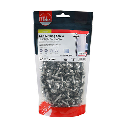 TIMCO Self-Drilling Light Section Screws Exterior Silver with EPDM Washer - 5.5 x 100 Box OF 100 - L100W16B