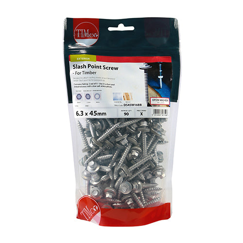TIMCO Slash Point Sheet Metal to Timber Screws Exterior Silver with EPDM Washer - 6.3 x 45 TIMbag OF 90 - DS45W16BB
