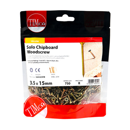 TIMCO Solo Countersunk Gold Woodscrews - 3.5 x 15 TIMbag OF 750 - 35015CHYB