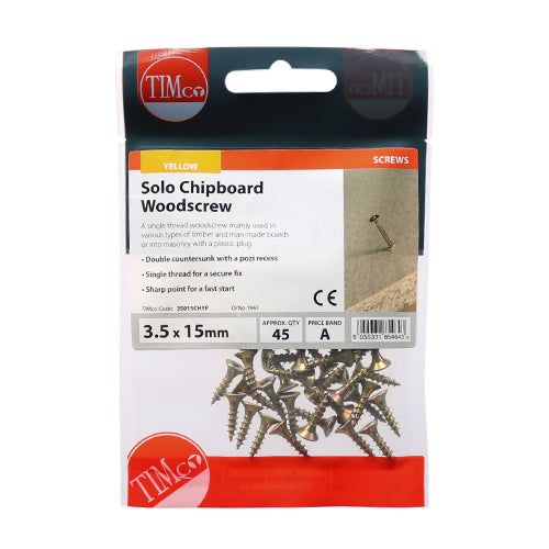 TIMCO Solo Countersunk Gold Woodscrews - 3.5 x 15 TIMpac OF 45 - 35015CHYP
