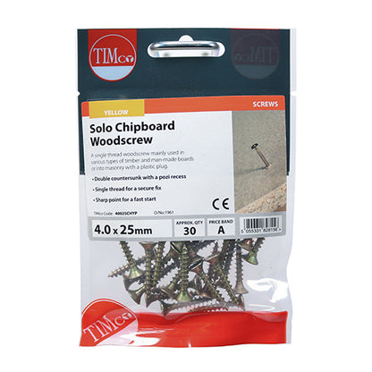 TIMCO Solo Countersunk Gold Woodscrews - 4.0 x 25 TIMpac OF 30 - 40025CHYP