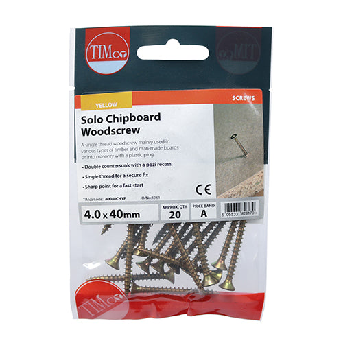 TIMCO Solo Countersunk Gold Woodscrews - 4.0 x 40 TIMpac OF 20 - 40040CHYP