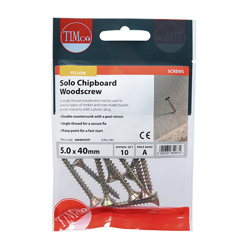 TIMCO Solo Countersunk Gold Woodscrews - 5.0 x 40 TIMpac OF 10 - 50040CHYP