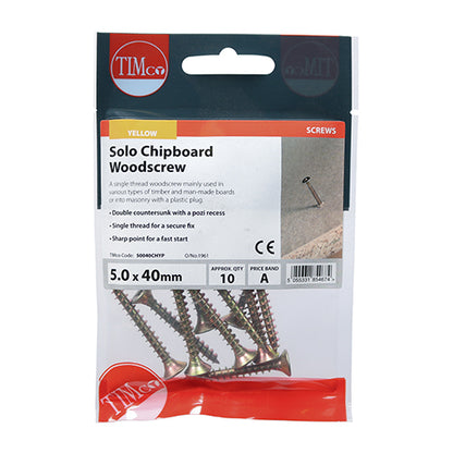 TIMCO Solo Countersunk Gold Woodscrews - 5.0 x 40 TIMpac OF 10 - 50040CHYP