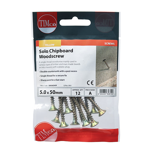 TIMCO Solo Countersunk Gold Woodscrews - 5.0 x 50 TIMpac OF 12 - 50050CHYP