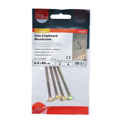 TIMCO Solo Countersunk Gold Woodscrews - 6.0 x 80 TIMpac OF 4 - 60080CHYP