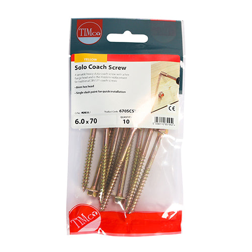 TIMCO Solo Advanced Hex Head Gold Coach Woodscrews - 6.0 x 70 TIMpac OF 10 - 670SCSYP