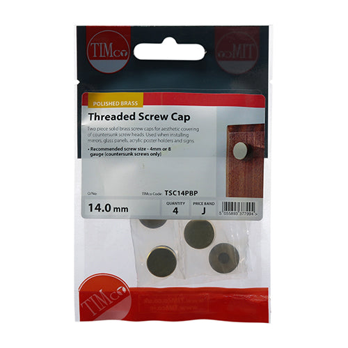 TIMCO Threaded Screw Caps Solid Brass Polished Brass - 14mm TIMpac OF 4 - TSC14PBP